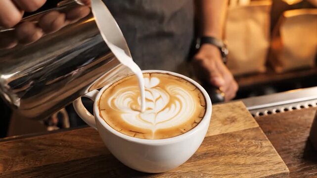 Barista pouring steamed milk to create latte art in ceramic coffee cup on wooden counter