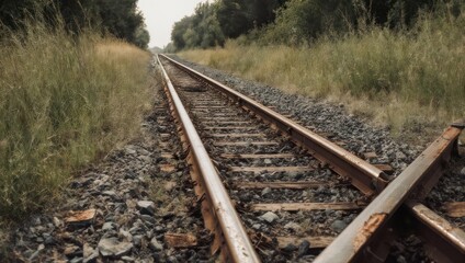 Fototapeta premium Abandoned Railway Track with Rust and Overgrown Vegetation.