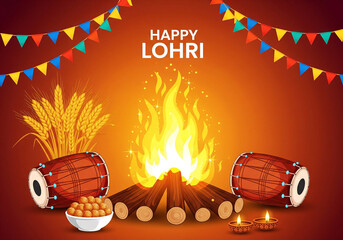 Happy lohri festival with bonfire, dhol drums, and wheat stalks