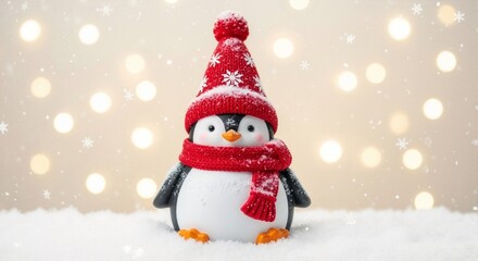 Fototapeta premium A cute penguin in a red hat and scarf against a snowy background with twinkling lights—festive magic, a New Year's character, light as atmosphere, a winter fairy tale.
