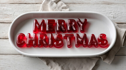 Red gummy letters spell festive cheer on rustic platter, ideal for quirky holiday parties or whimsical Yule gatherings