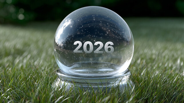 Crystal ball whispers of 2026, nestled in verdant grass, evokes New Year musings and clairvoyant foresight on Groundhog Day