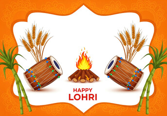 Happy lohri festival celebration with bonfire, dhol, and sugarcane