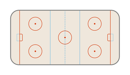 Top view of a hockey rink, illustrated in a simple, flat design style with all standard markings, including the center line, blue lines, face-off circle