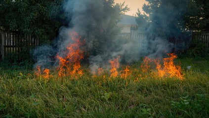 Fototapeta premium A backyard ablaze with fire and smoke, highlighting the ecological issue of forest fires in summer