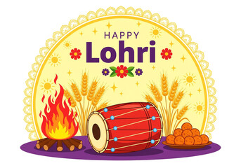 Happy lohri festival illustration with bonfire, dhol, and sweets