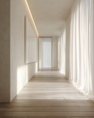 A long hallway with white curtains and a white wall