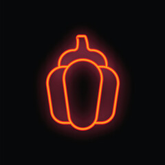 Bright neon sign of a bell pepper glowing on a black background