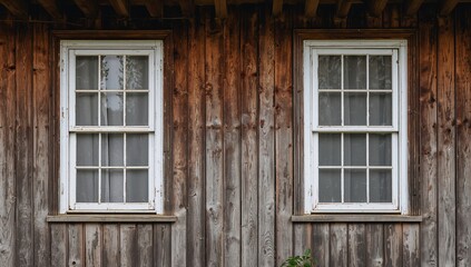 Obraz premium Aged wooden facade featuring a pair of windows with white trim