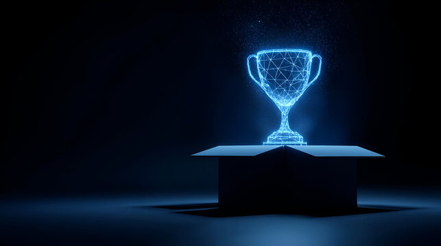 A glowing digital trophy emerging from an open box, symbolizing achievement and innovation in technology.