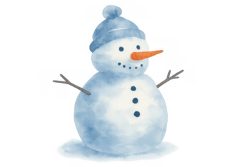 Snowman wearing blue hat, having carrot nose and twig arms, watercolor illustration for winter and christmas holidays