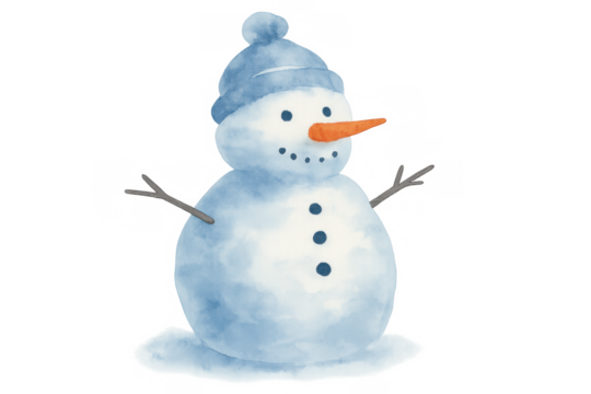 Snowman wearing blue hat, having carrot nose and twig arms, watercolor illustration for winter and christmas holidays
