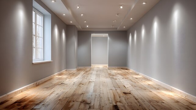 Photorealistic photo of a clean, empty, renovated basement. The bright space has light grey walls, modern recessed lighting, and light wood flooring.