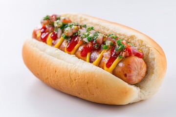Hot dog with mustard, ketchup, and relish