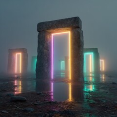 Neon Glowing Stone Archways In Foggy Landscape