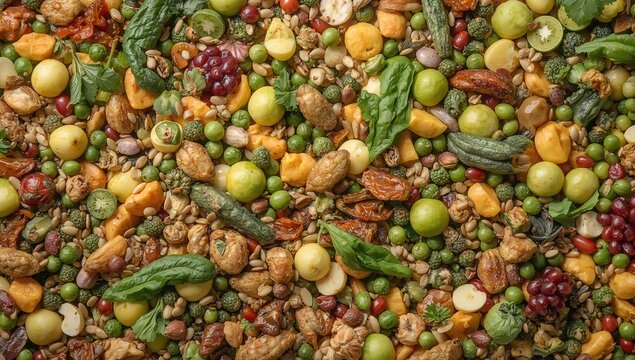 Closeup of assorted fruits, seeds, and vegetables, fiber-dense choice
