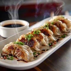 Steaming hot pan-fried gyoza dumplings with soy sauce