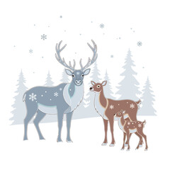 Winter Wonderland A Majestic Reindeer Family in a Snow-Kissed Forest Landscape, Snowflake Theme