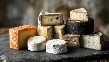 An assortment of artisanal cheeses displayed on a rustic slate board, perfect for gourmet food presentations.