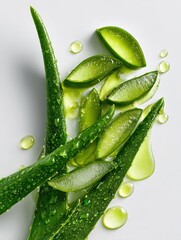 Aloe vera leaves slicing displaying fresh gel drops