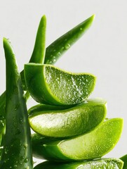 Fresh aloe vera slices and leaves showing natural skincare