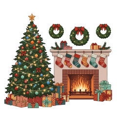 Festive Christmas scene with decorated tree, fireplace, stockings, and gifts, evoking holiday cheer and warmth