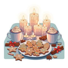 Cozy Winter Still Life Gingerbread Cookies, Hot Chocolate, and Candles