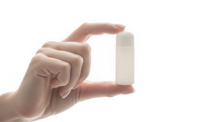 A hand holding a small white bottle isolated on transparent background