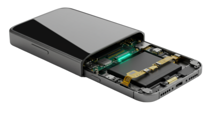 Extreme close-up of an opened futuristic smartphone on a transparent background, revealing intricate gold-plated circuitry, micro-soldered elements, and battery with an electric cyan glow, concept of