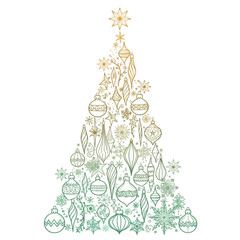Stylized Christmas tree crafted from outline ornaments and snowflakes, featuring a golden to green gradient, perfect for festive seasonal designs