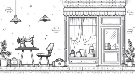 Fototapeta premium Black and white illustration of a sewing shop with equipment and plants
