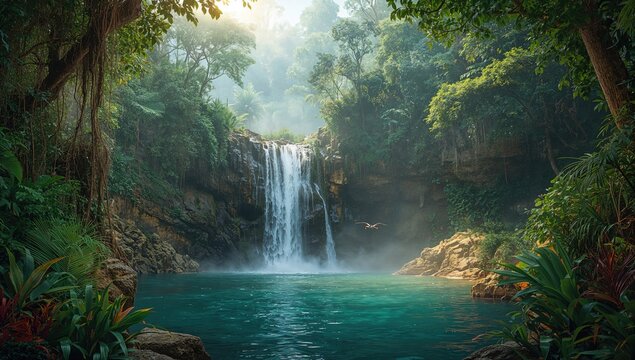 Hidden Ekom Waterfall nestled within a lush tropical rainforest, preservation