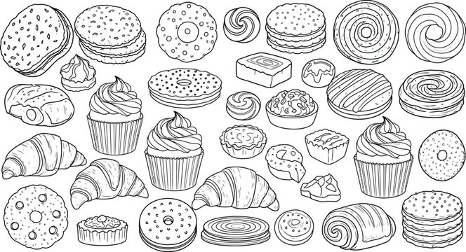 A delightful collection of bakery items, including croissants, cupcakes, and various pastries, all meticulously illustrated in a detailed line art style, isolated on white background