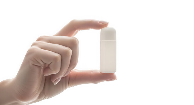 A hand holding a small white bottle isolated on transparent background