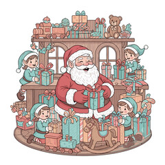 Whimsical Christmas scene featuring Santa Claus surrounded by cheerful elves and a delightful array of festive gifts, toys, and decorations