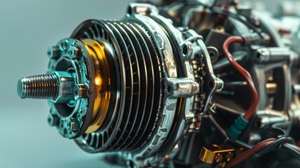 Fototapeta premium Detailed close-up of complex machinery with metal components and intricate wiring system in studio setting industrial design