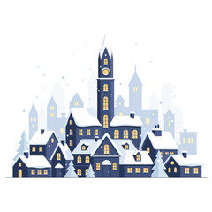 Charming Snowy Village Scene with Cozy Homes and a Clock Tower Under Falling Snow