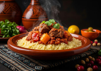 Steaming couscous with meat and tomato stew