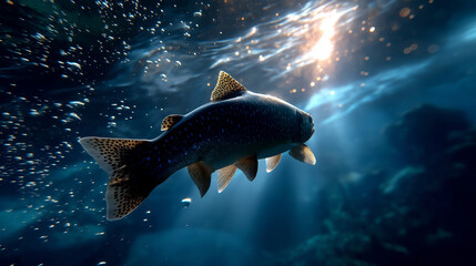 Fototapeta premium Faceless underwater scene — silhouette of trout outlined by refracted sunlight, dust-like bubbles drifting upward, with copy space.