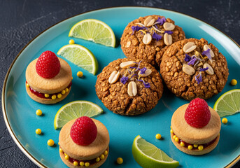 Assortment of cookies and pastries on a blue plate with lime slices