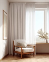 A chair is sitting in front of a window with a white curtain
