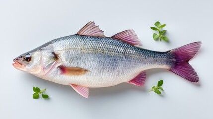 A Silver and Black Bass Fish With Purple Fins and Green Garnish Rests on a Light Gray Surface With Soft Lighting