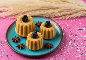 Three small bundt cakes topped with blackberries on a plate