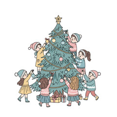 Cute cartoon children in festive winter attire gather around to decorate a beautiful Christmas tree, a heartwarming concept of holiday tradition and friendship