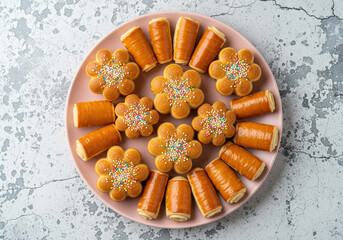 Assortment of flowershaped cookies and rolled pastries on a pink plate