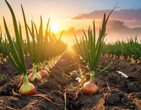 Golden hour sunlight illuminates an onion field, with rows of bulbs growing in freshly tilled earth. Mist partially obscures the horizon