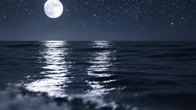 Night Ocean View with a Full Moon and Stars Reflecting on Water Dark Blue Color Palette and Serene Atmosphere Perfect for Stock Photography