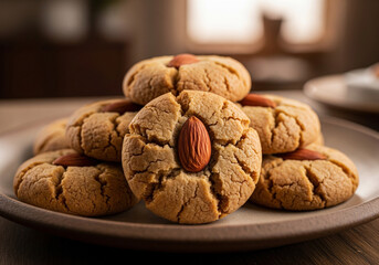 Almond cookies stacked on a plate, closeup view