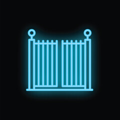 Obraz premium Bright glowing blue neon gate with vertical pickets on a black background