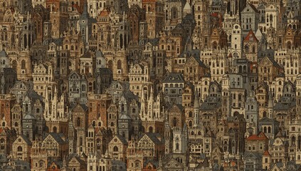 Obraz premium Seamless pattern featuring intricate vintage architectural elements and gothic letters, suitable for editorial header background